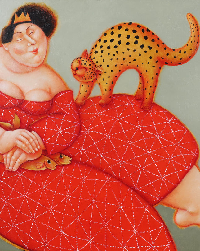 Woman with cat, bird and fish