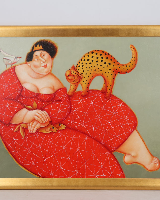 Woman with cat, bird and fish