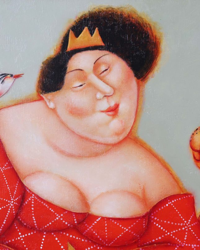 Woman with cat, bird and fish