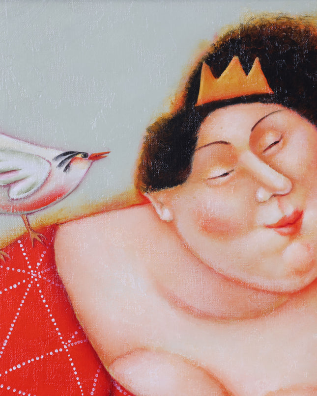Woman with cat, bird and fish