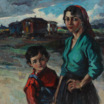 Cornelis de Kort (1910-1996) - Vrouw en kind bij woonwagens