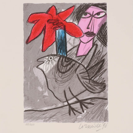 Femme avec un fleur rouge - Corneille (1922-2010)