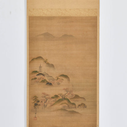 Japanese town in the mountains - Japanse scroll - Edo Periode
