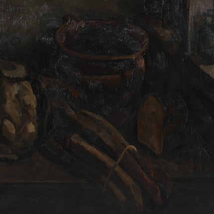Toon Kelder (1894 –1973) - Stilleven met o,a. een aardewerk pot, groenten en een brood tafel