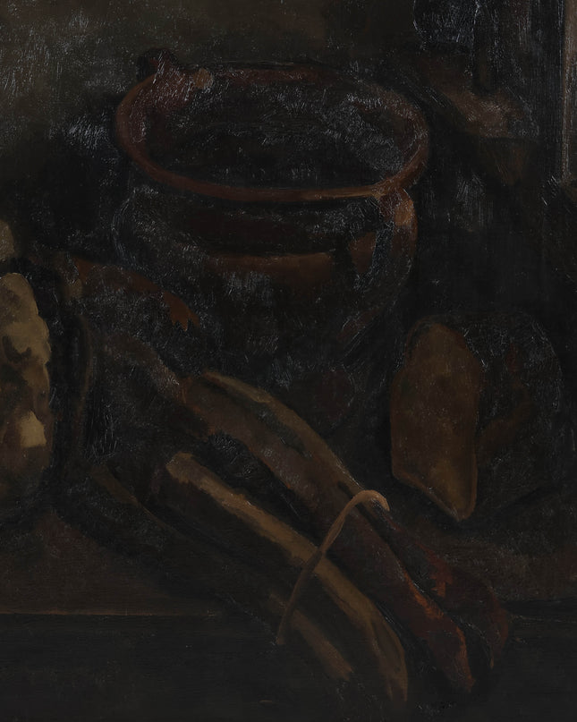 Toon Kelder (1894 –1973) - Stilleven met o,a. een aardewerk pot, groenten en een brood tafel