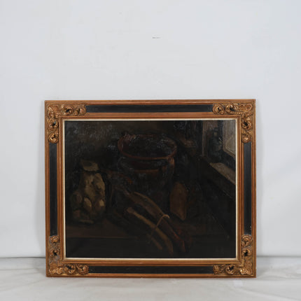 Toon Kelder (1894 –1973) - Stilleven met o,a. een aardewerk pot, groenten en een brood tafel