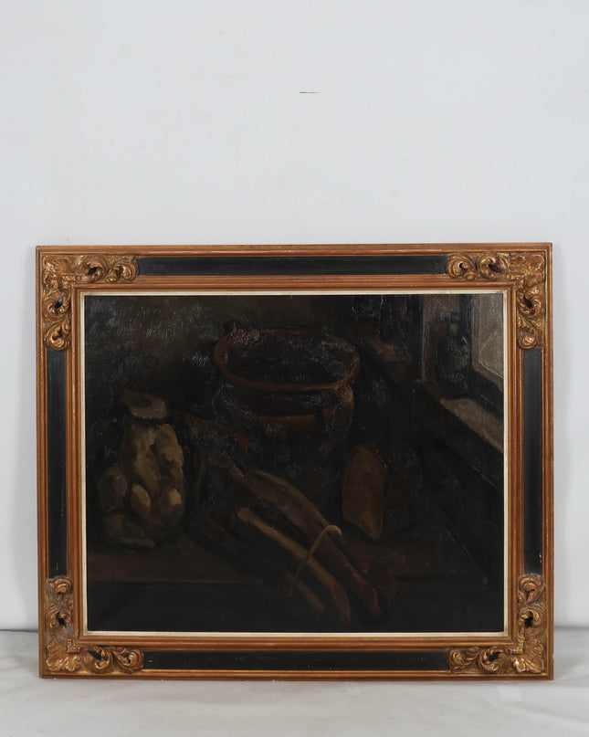Toon Kelder (1894 –1973) - Stilleven met o,a. een aardewerk pot, groenten en een brood tafel