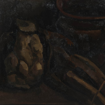 Toon Kelder (1894 –1973) - Stilleven met o,a. een aardewerk pot, groenten en een brood tafel