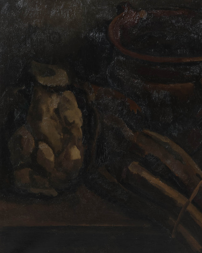 Toon Kelder (1894 –1973) - Stilleven met o,a. een aardewerk pot, groenten en een brood tafel