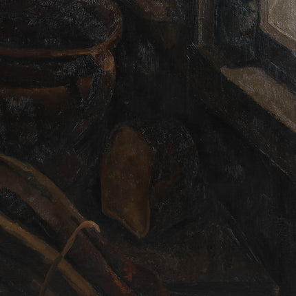 Toon Kelder (1894 –1973) - Stilleven met o,a. een aardewerk pot, groenten en een brood tafel