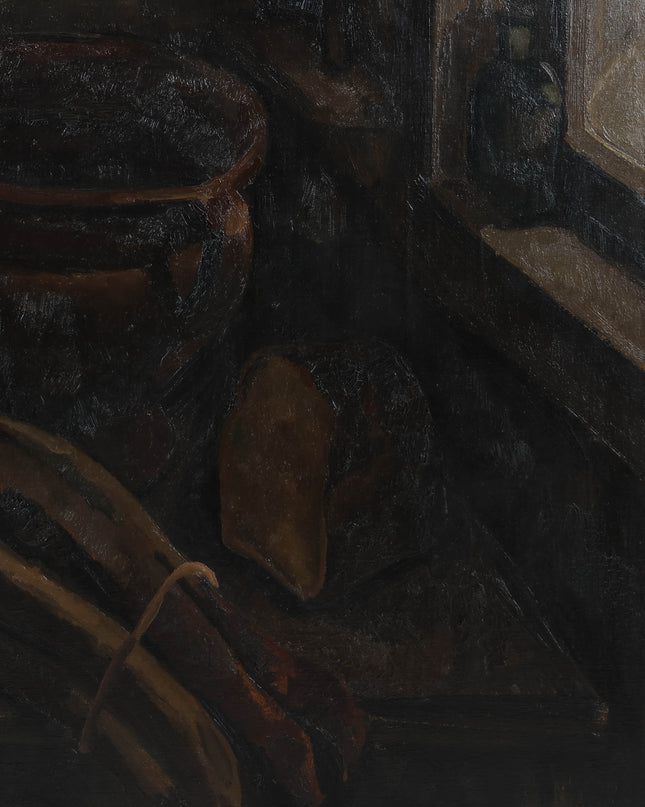 Toon Kelder (1894 –1973) - Stilleven met o,a. een aardewerk pot, groenten en een brood tafel