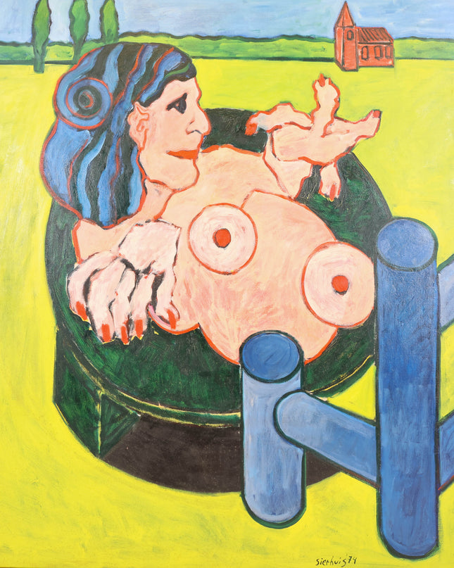 Jan Sierhuis (1928-2023)  - Figuur met tafel in een landschap