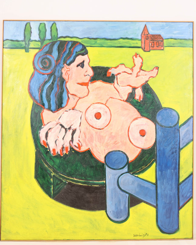 Jan Sierhuis (1928-2023)  - Figuur met tafel in een landschap