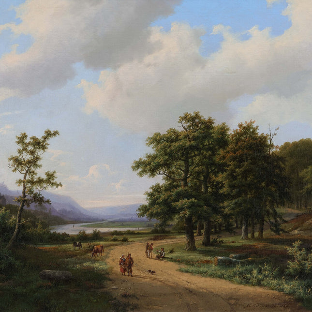 Marinus Adrianus Koekkoek (1807-1868) Boomrijk landschap met figuren op een landweg